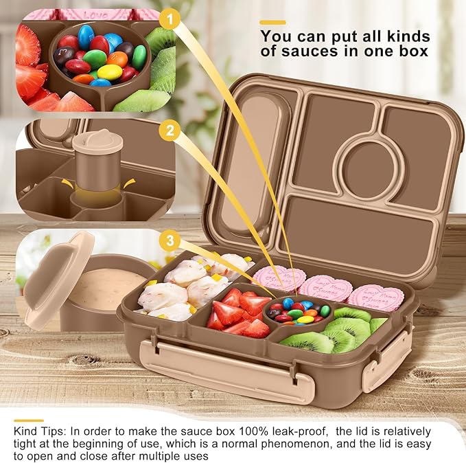 Amathley Bento Box Adult Lunch Box Kids,Lunch Containers for Adults/Kids/Toddler,5 Compartments Bento Lunch Box with Sauce Vontainers,Microwave & Dishwasher & Freezer Safe,BPA-Free (Brown)