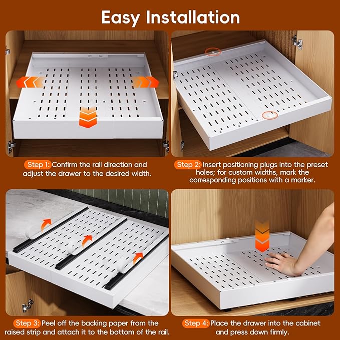 OneDream 2 Pack Pull Out Cabinet Organizer, 21" Deep Slide Out Drawers for Kitchen Cabinets, No Drill Adhesive Pull Out Drawers for Cabinets, Roll Out Shelves Adjustable Width 12.05"-20.4"