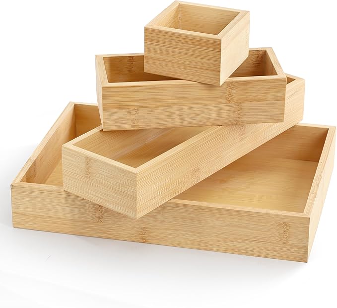 Elama 4 Piece Bamboo Wood Drawer Organizer Tray, Utensil Storage, Desk Drawer Storage (4 Piece Trays)