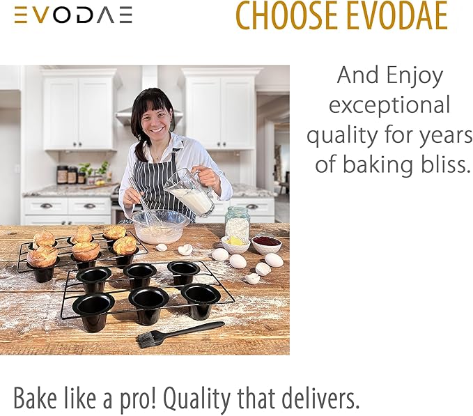 EVODAE® Popover Pans Set of 2 – 12-Cup (2×6) Pro-Grade Carbon Steel, Strong & Durable Build – Nonstick, PFOA & PTFE Free – Popover & Yorkshire Pudding Pan – Carefully Packaged in a Clean Black Box