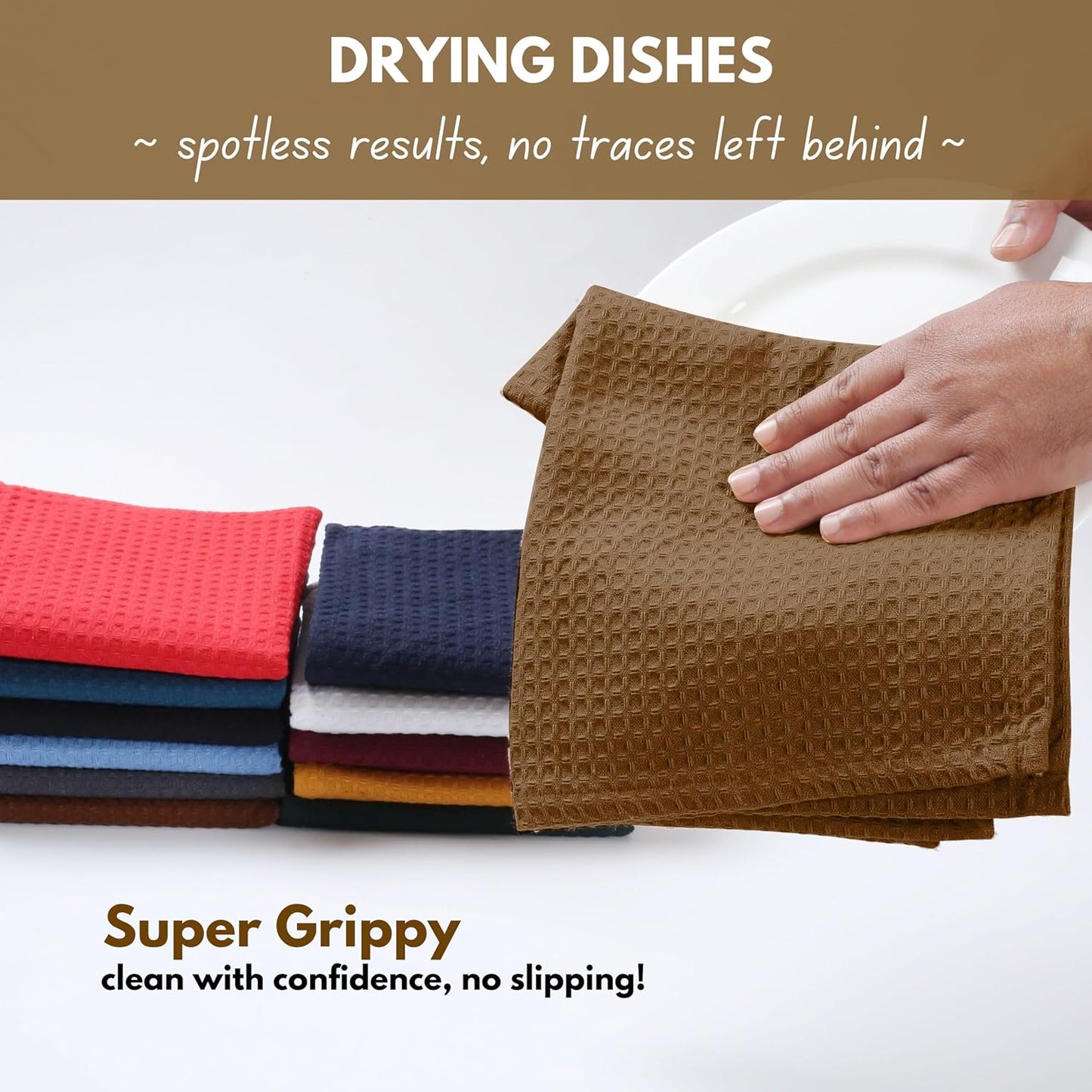 Native Fab Cotton Kitchen Towel with Hanging Loop 16x26 inches, 6-Pack, Waffle Weave Kitchen Towels for Cleaning Drying, Washcloths Soft & Absorbent Cloth Rags, Bar Towel, Dish Cloth, Brown