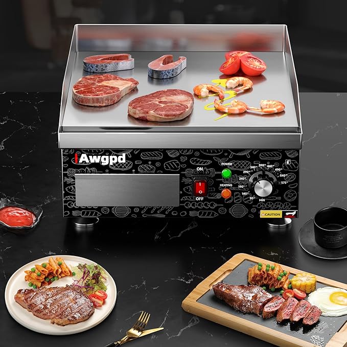 14" Commercial Electric Griddle,Electric Countertop Flat Top Griddle,110V 1800W Electric Flat Top Grill,Non-Stick Restaurant Teppanyaki Stainless Steel Grill,Adjustable Temperature Control