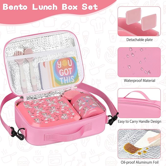 wiwens Bento Lunch Box for Kids with 12oz Soup Thermo Leak-Proof Lunch Food Container with 5 Compartment Thermo Hot Food Jar and Insulated Lunch Bag for Kid Toddler Girls Boys to School