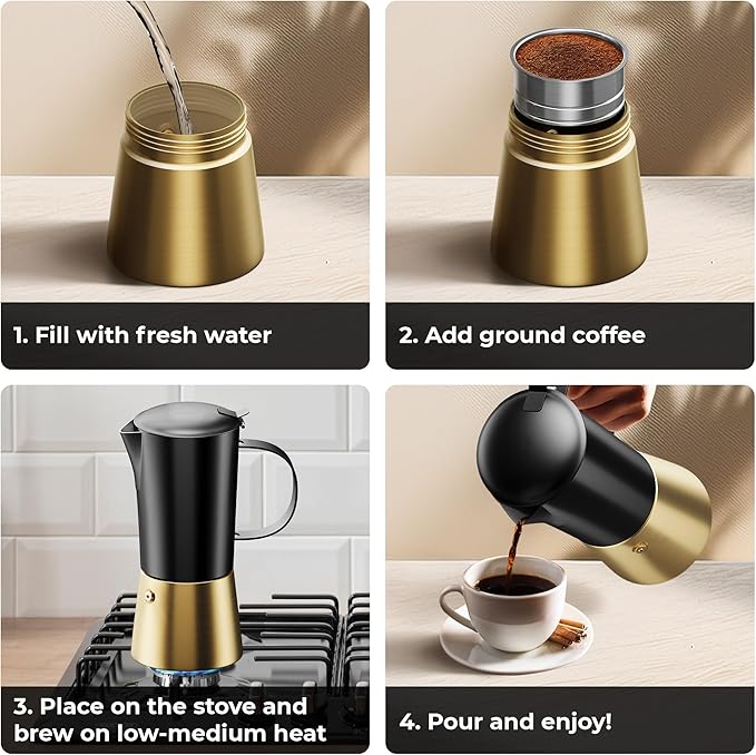 Stovetop Espresso Maker, Stainless Steel Moka Pot 6 Cup, Gold Espresso Maker (12 fl oz), Italian Coffee Pot, Compatible with Gas, Electric and Induction, Black & Gold Finish