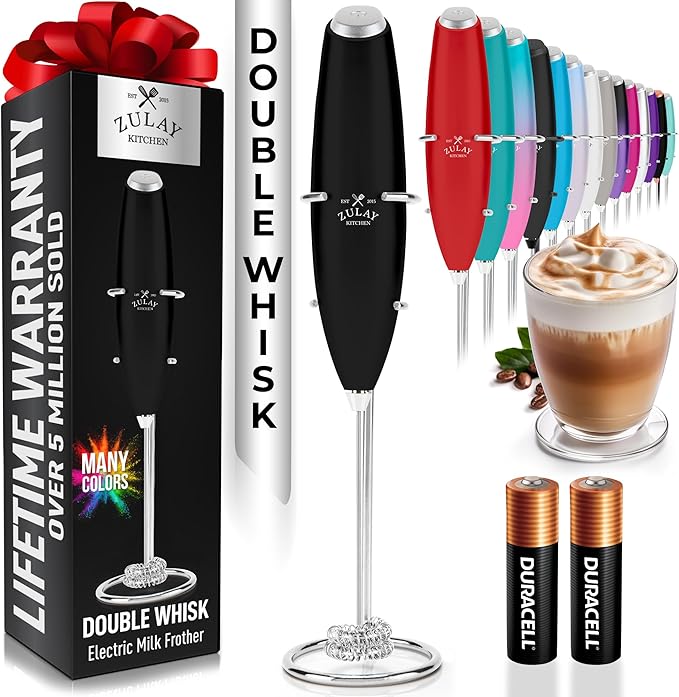 Zulay Kitchen Double Whisk Milk Frother with 2 Duracell Batteries - Powerful Handheld Foam Maker for Coffee, Lattes, Matcha, Hot Chocolate & Cappuccinos - Whip Creamy Froth in Seconds