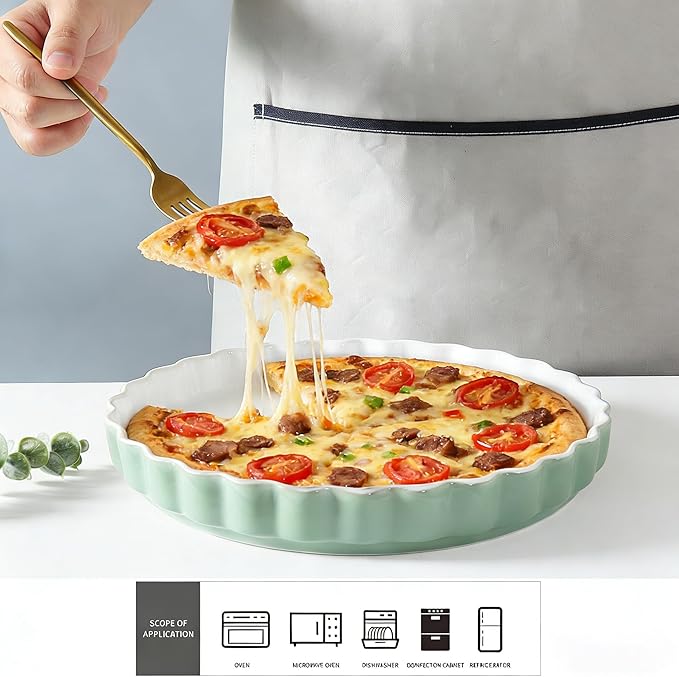 Quiche Baking Dish,Ceramic Pie Pan 11 Inch Reusable,Pizza Pan，Non-Stick Round Tart Pan with Ruffled Edge Microwave Dishwasher and Oven Safe (GREEN)