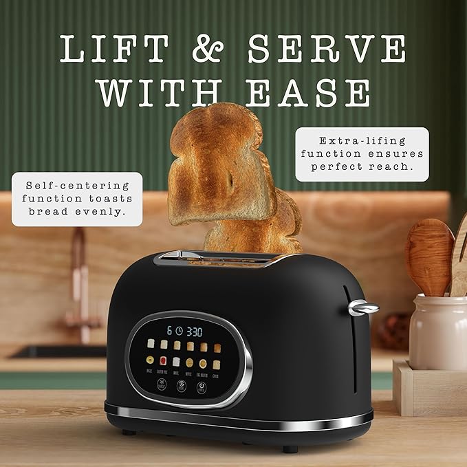 Rae Dunn Retro Digital Electric Toaster, 2 Slice Stainless Steel Toaster With Touchscreen, Countdown Timer, 6 Shade Settings, Wide Slots, High Lift Lever, Bagel, Defrost & Reheat, Digital Black