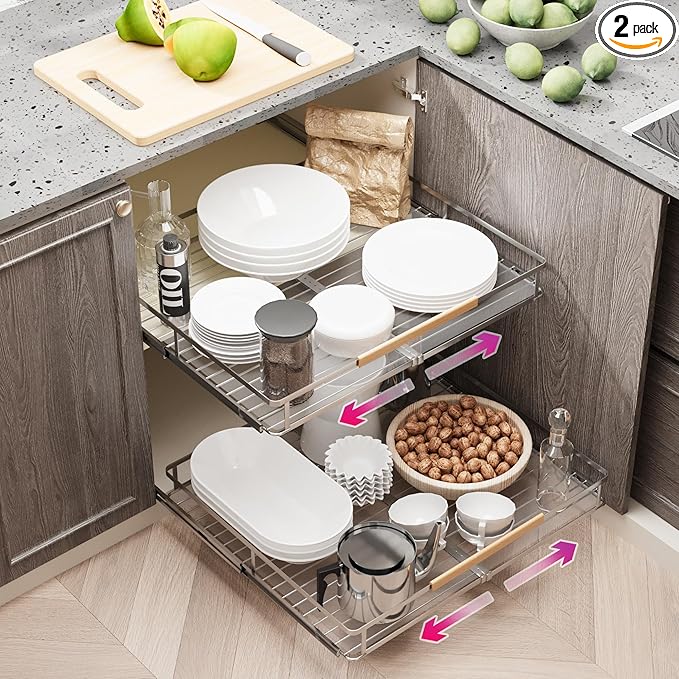 Pull Out Cabinet Organizer, Expandable(14.9"~25.9") Cabinet Drawers Slide Out, Adjustable Width Roll 0ut Shelf Cabinet Organizer for Kitchen Base Cabinet Organization (Large, 2Pack)