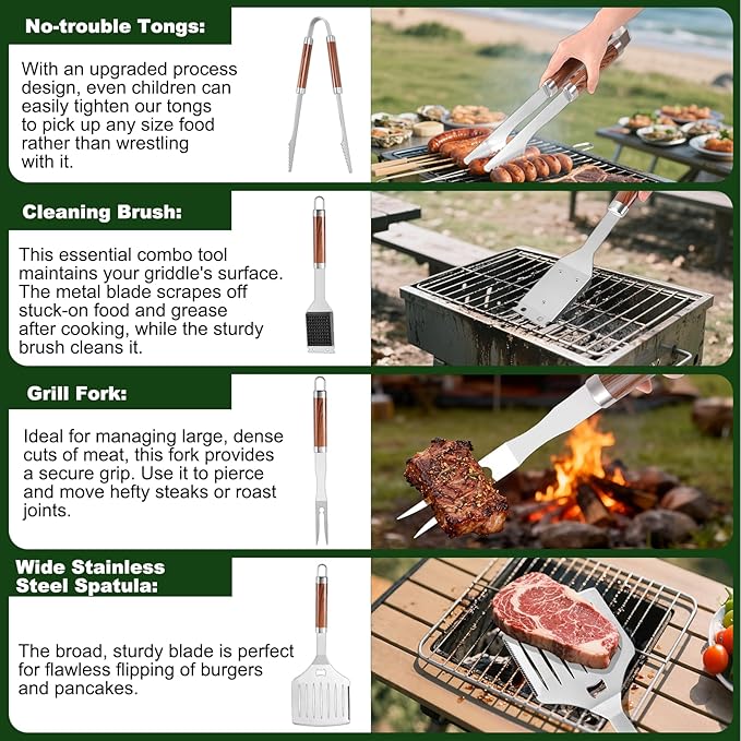 Grilling Accessories Set Large Spatula Fork Cleaning Brush Food Tongs Durable Stainless Steel BBQ Grill Tools with Extra Thick Storage Case BBQ Accessories Grill Set