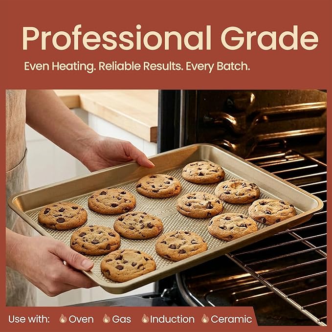 Diamond Bottom Cookie Sheet Set of 2, Nonstick Gold Carbon Steel Baking Pans for Crisp Baking, Space-Saving Stackable Trays, PFOA, PFOS, PTFE Free, Oven Safe Up to 450°F, Small & Medium Pans
