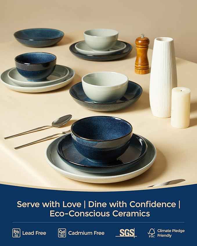 Stoneware Dinnerware Sets Service for 4, 12 pcs Reactive Glaze Plates and Bowls Sets, Handmade Ceramic Dish Set, Highly Chip and Crack Resistant Modern Plate Set, Starry Blue