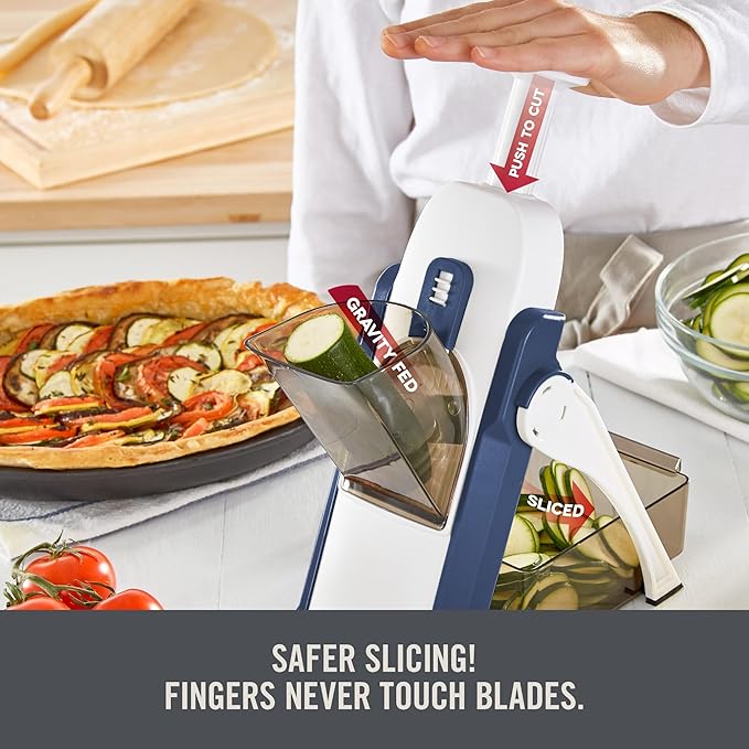 Zakarian by Dash Safe Slice® Mandoline - Features Thickness Adjuster, Stainless Steel Blades, and Foldable, Easy-To-Store Design - Zakarian Blue