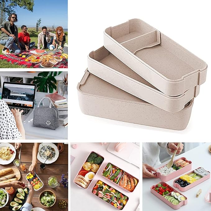 Rarapop 2 Pack Stackable Bento Box Japanese Lunch Box Kit with Spoon & Fork, 3-In-1 Compartment Wheat Straw Meal Prep Containers for Kids & Adults (Pink/Beige)