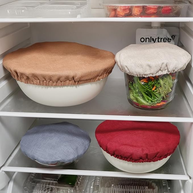 100% Pure Linen Bowl Covers For Bread Proofing, 4 Pcs Elastic Reusable Solid Color Cloth Fabric Bowl Covers,XL Organic Washable Large Stretch Sourdough Lids 6 * 8 * 10 * 12 Inches, Pink