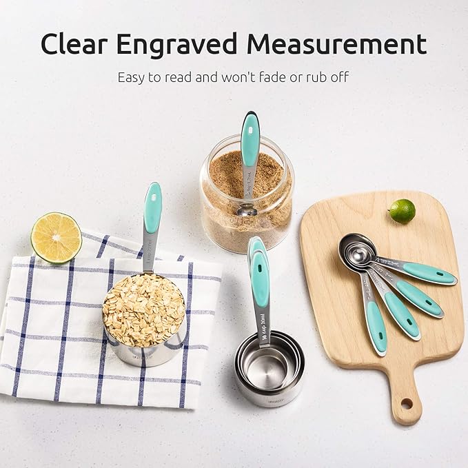 U-Taste 18/8 Stainless Steel Measuring Cups and Spoons Set of 10 Piece, Upgraded Thickness Handle and 1.5oz Heat Resistant Angled Turkey Baster with Cleaning Brush for Cooking Basting (Aqua Sky)