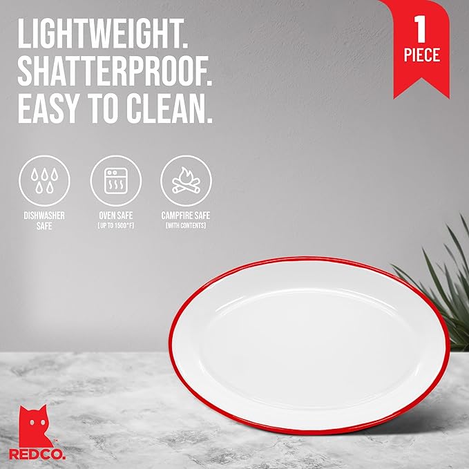 Red Co. Enamelware Metal Classic 13" Serving Oval Tray Platter, Solid White/Red Rim