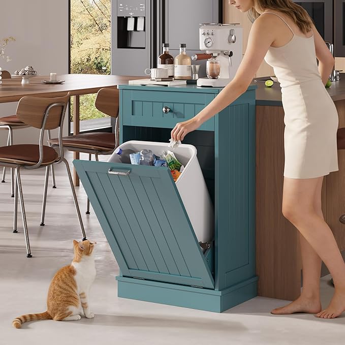 KIGOTY Tilt Out Trash Cabinet,Wooden Kitchen Trash Bin Holder Garbage Bin Recycling Cabinet Laundry Hamper with Solid Wood Countertop and Hideaway Drawer (Teal Blue)