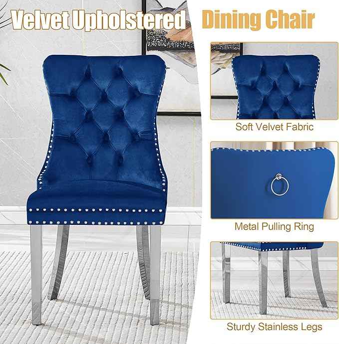 63" Glass Dining Table Set for 6, 7-Piece Rectangular Kitchen Table with Tempered Glass Top, White Double O-Shaped MDF Base, and 6 Blue Velvet Upholstered Chairs for Dining Room, Living Room, Office