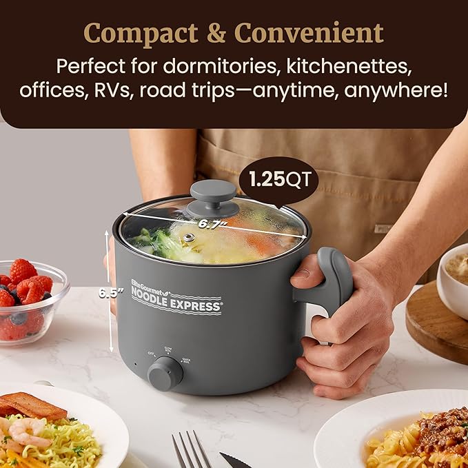 Elite Gourmet NOODLE EXPRESS Electric Hot Pot, Prepare Noodles, Soups, Stews, Cool-touch Handle, Ceralast™ PFAS-Free Ceramic Non-stick, Tempered Glass Lid, 2 Heat Settings-High/Low, Grey