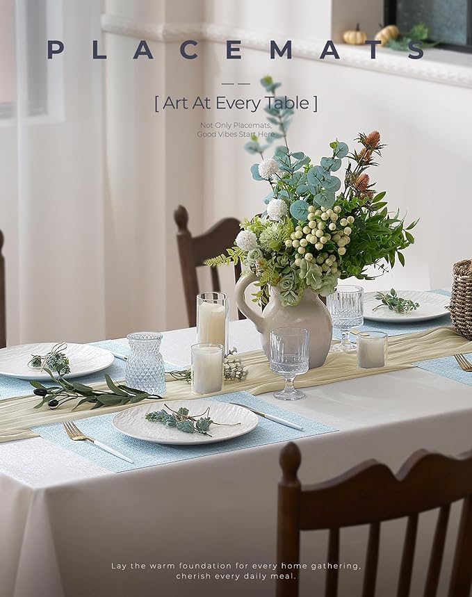 Leetaltree Soft Sky Blue Woven Placemats Set of 4 - Heat Resistant Non-Slip Place mats for Dining Table, Washable Durable PVC Vinyl Woven Table Mats(Sky Blue, 4)