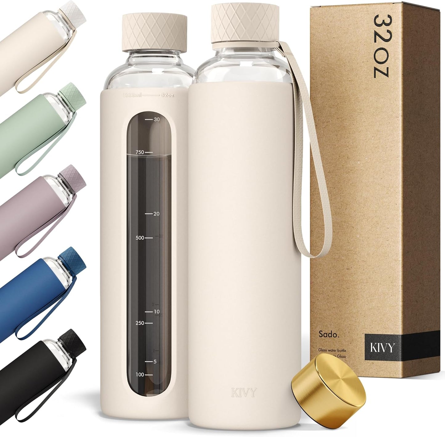 KIVY Glass Water Bottle with Silicone Sleeve 32 oz [WITH MEASUREMENT] - Borosilicate Glass Water Bottle Screw Top - Clear Bottles with Measurement Marking - Slim Waterbottle Aesthetic - Cream White