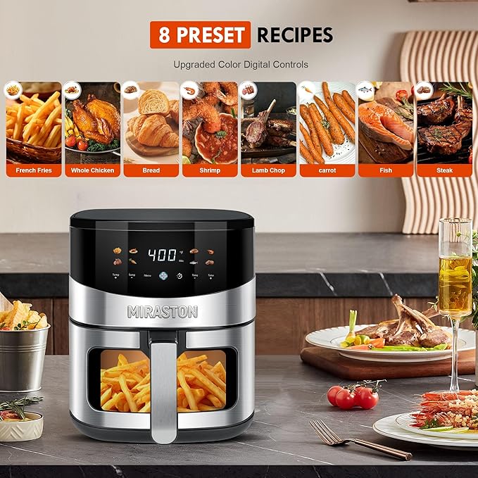 6.5QT Smart Digital Air Fryer, Visual Window, 8 Presets Recipes for Fast Easy Meal, Snack, Dessert, Main Dish, Square Basket Dishwasher-Safe, for 3-5 People, Kitchen Dorm Office