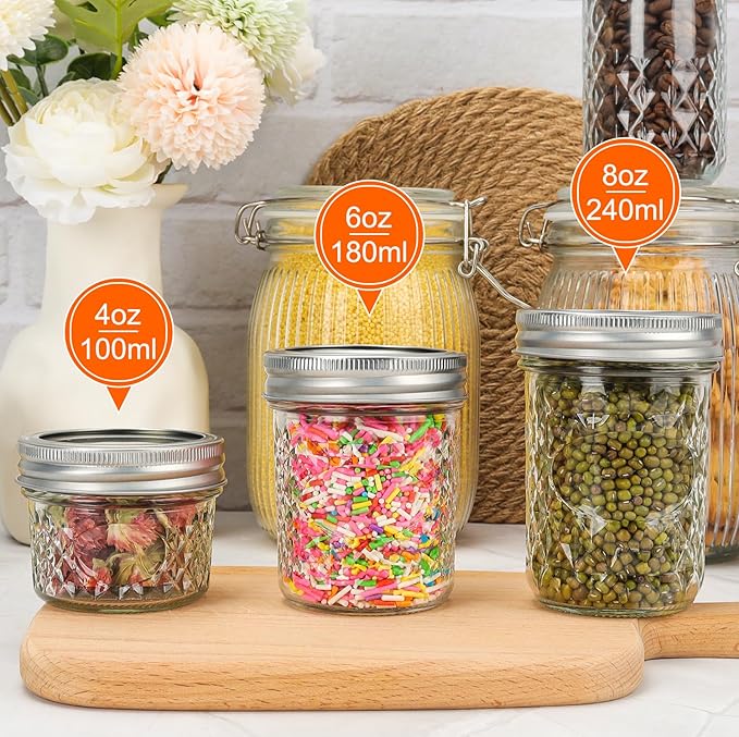 CycleMore 40 Pcs 4oz Clear Glass Mini Mason Jars With Silver Separable Lids and Diamond appearance, Small Spice Canning Jars for Honey, Jam, Jelly, Wedding Favors, Kitchen Food Storage