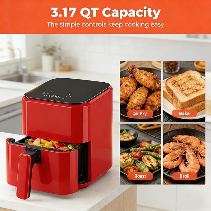 HealSmart 3.17 Qt Compact Air Fryer, 8-in-1 Digital Small AirFryer with 400°F, Nonstick Dishwasher-Safe Basket, Auto Shutoff, Overheat Protection, for Quick Healthy Meals, Red