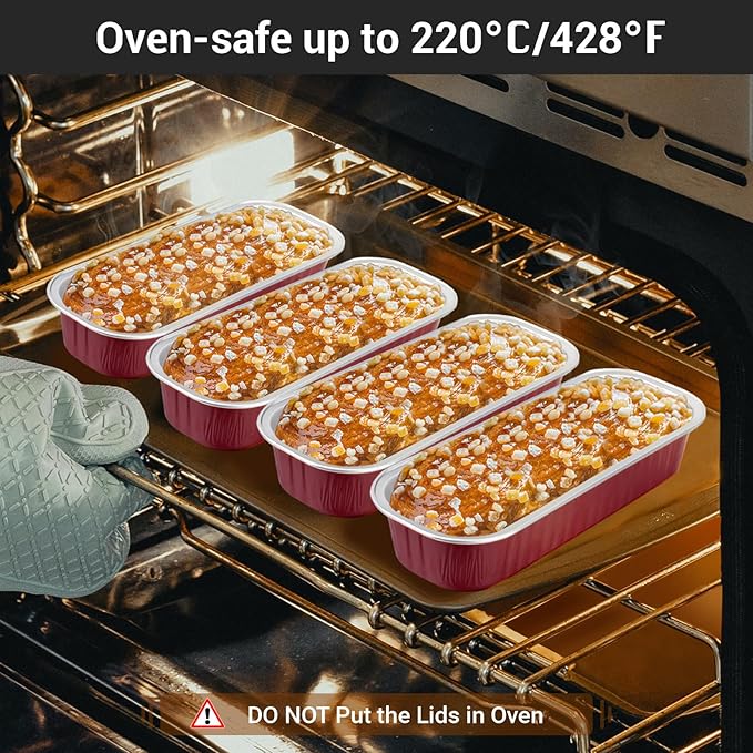 EUSOAR Mini Loaf Pans with Lids, 25pcs 6.8oz 6.5"x2.5"x1.2" Disposable Aluminum Foil Ramekins Cupcake Liners Tin with Lids，Cupcake Baking Cups Containers, Cheesecake Creme Brulee Ramekins Pan-Wine Red