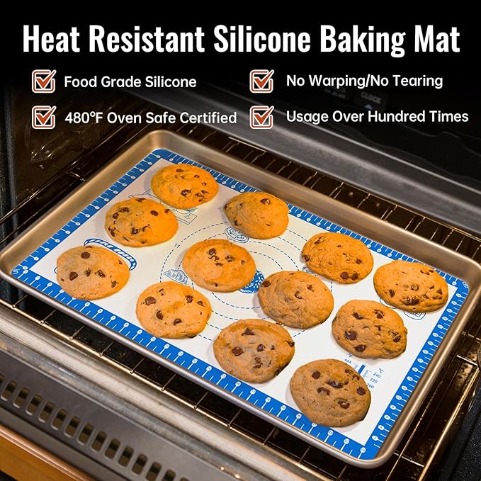 Non Stick Silicone Pastry Mat for Dough Rolling,Silicone Baking Mat with Measurement for Baking Pie Crust, Pizza & Cookies, Baking Sheet With 10 Recipes 480°F Oven Safe