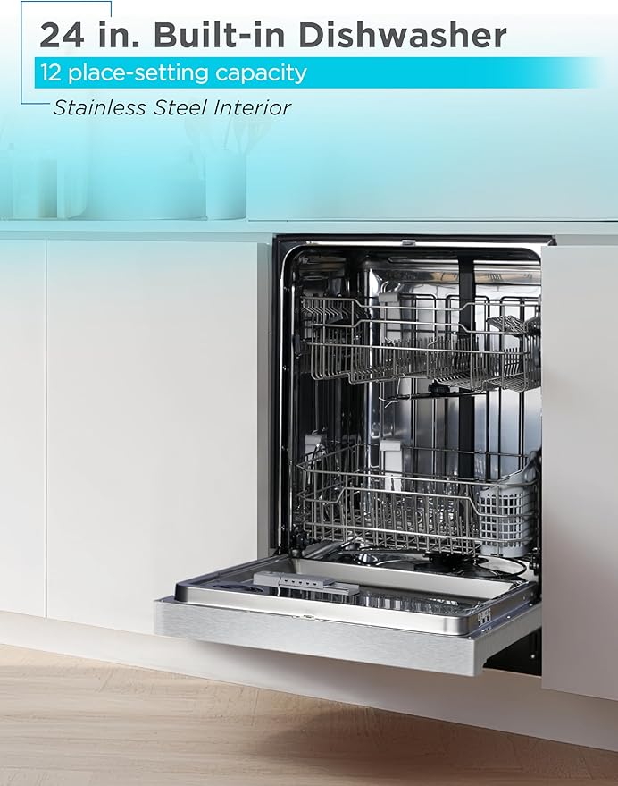 BLACK+DECKER 24" Built-In Dishwasher, 12-Place Setting Capacity with Stainless Steel Tub, Dish Washer with 6 Wash Programs, Low Noise, ENERGY STAR Certified, BDW200MS, Stainless Steel Look