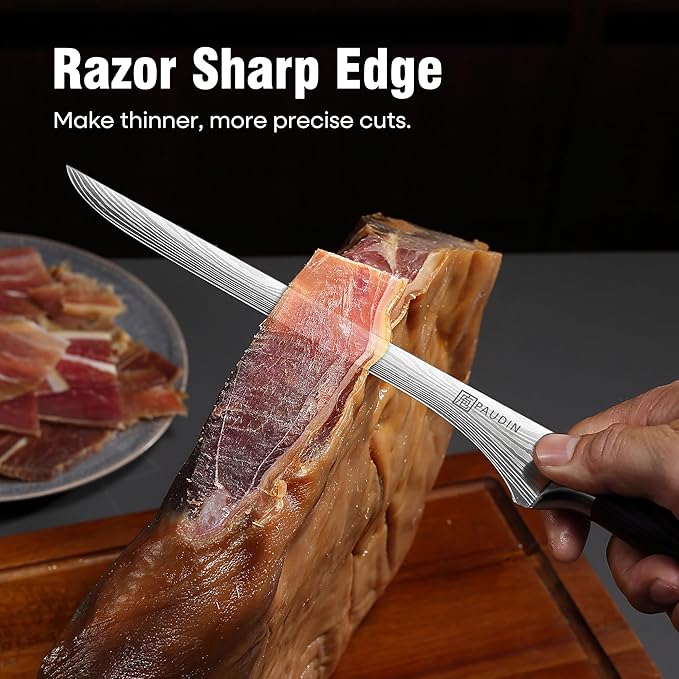 PAUDIN 10 Inch Ham Slicing Knife, Professional Carving Knife for Meat, High Carbon Stainless Steel, Ergonomic Pakkawood Handle with Sheath, Ultra Sharp Blade for Prosciutto/Jamon Serrano, Gift Box