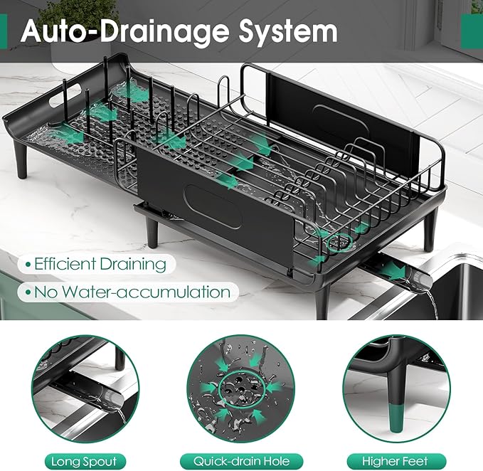Large Extendable Dish Drying Rack, 16.93" to 26.57" Expandable Dish Rack for Kithen Counter, with Multifunctional Drainboard, Fits Any Sink, Heavy-Duty Steel Plate Drainer for Countertop Organization