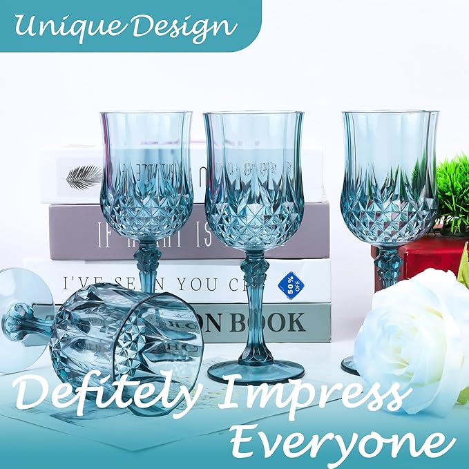 Plastic Wine Glasses, Plastic Goblets Vintage Style Cordial Unbreakable Drinking Glasses, Reusable Drinkware for Wedding Reception, Grand Event Party Supplies (48, Dusty Blue)