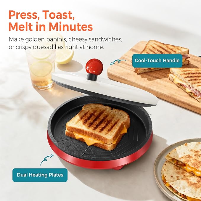 3-in-1 Electric Griddle & Panini Press - CACHOO 8" Nonstick Round Griddle and Sandwich Press with On/Off Switch, 180° Open Design, Perfect for Pancakes, Omelettes, Quesadillas, Veggies (Red/Beige)