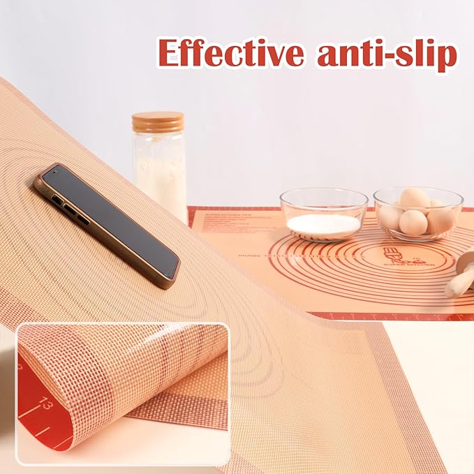 Extra Thick Silicone Pastry Mat Large for NonStick Silicone Baking Mat with Measurement，for Kneading, Fondant/Counter Pad, Dough Rolling, Silicon Cookie Sheet, Pie Crust Bake(16×24, Red)