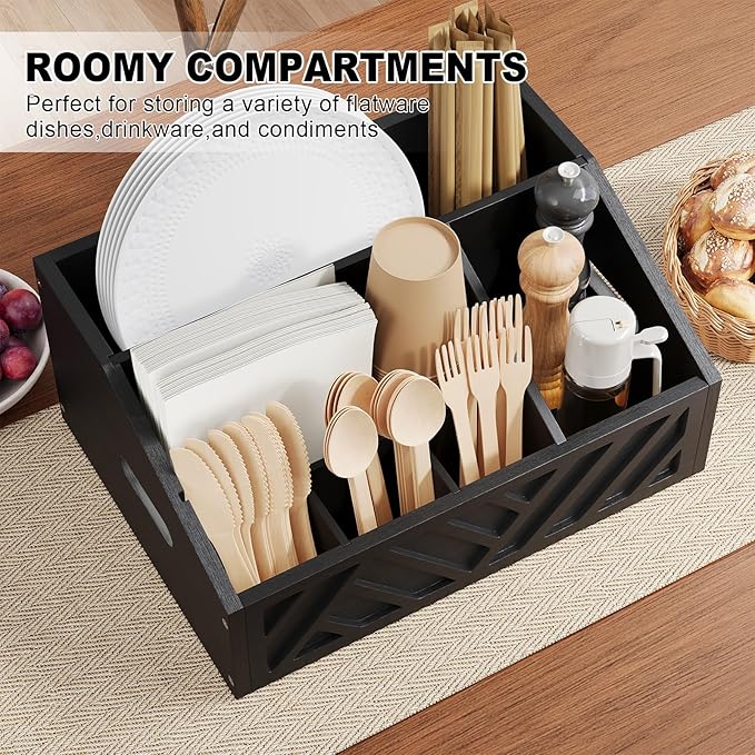Paper Plate Dispenser for Party, Wood Outdoor Utensil Caddy for Parties, Paper Plate Holders Organizer for Countertop, Black Silverware Holder for Buffet Cutlery, Plates,Flatware, Utensils and Napkins