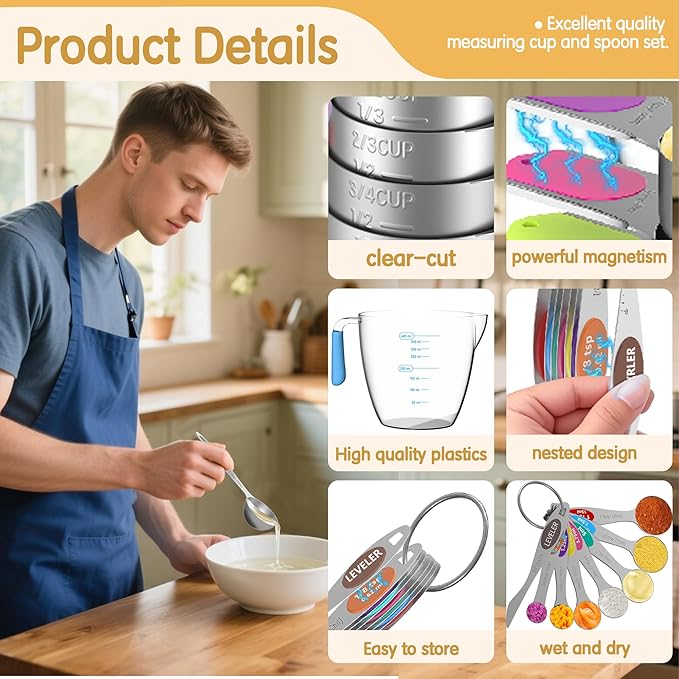 Magnetic Measuring Cups and Spoons Set, 5 Stainless Steel Measuring Cups, 7 Magnetic Measuring Spoons & 1 Leveler, 3 Plastic Measuring Cup with 1 Measuring Conversion Chart