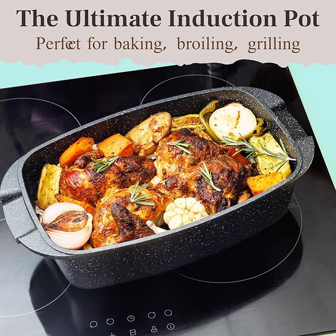 Moss & Stone Die Cast Aluminum Oval Roaster Pot 12-Inch, Induction Compatible, Hard Anodized Nonstick Pasta Pot with Glass Lid, Roaster Oven Safe 6 Quart Bundle With 12 Inch Aluminum Pan Non-Stick Coo