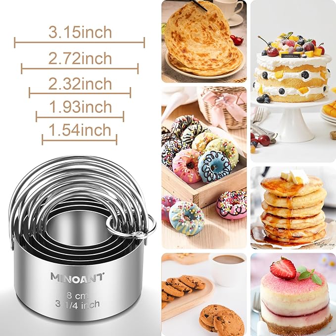 Round Cookie Cutters with Handle - Donut Hole Cookie Biscuit Cutter Set(5 Pieces/Set), Stainless Steel Circle Cutters Donut Cutter Mold Tool with Ring for Baking, Biscuits, Cakes, Sandwiches