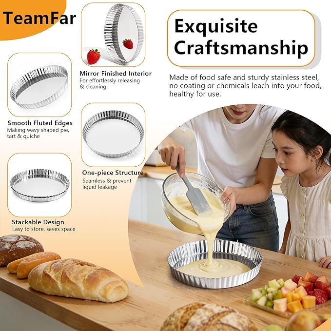 TeamFar Tart Pan, 9.5 Inch Stainless Steel Round Tart Pie Pan, Metal Quiche Baking Dish with Fluted Side for Baking Fruit Tarts, Quiches, Pies, Mousse Cakes, Heavy Duty & Dishwasher Safe