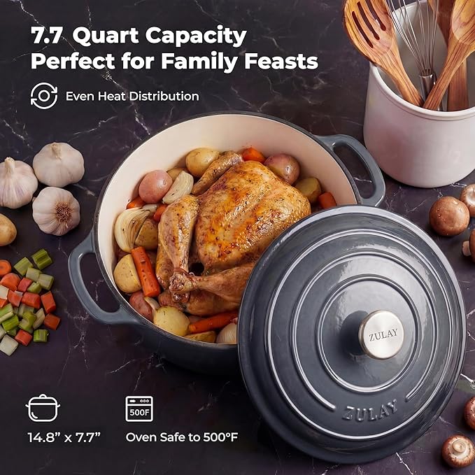 Zulay Kitchen 7.7 Quart Enameled Cast Iron Dutch Oven Pot with Lid – Premium Durability & Oven Safe up to 500°F – Heavy Duty Cookware Perfect for Bread Baking, Stews, Braising & Roasting – Gray