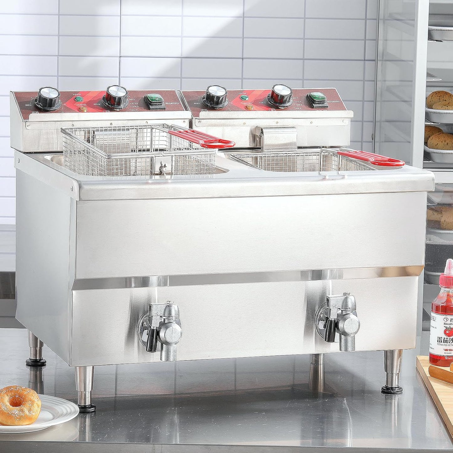 Commercial Fryer Stainless Steel Electric Deep Fryer with Oil Filtration and Timer 24L Large Capacity Dual Tank Fryer with Baskets and Lids Countertop Deep Fryer for Restaurant Use 120V 3500W