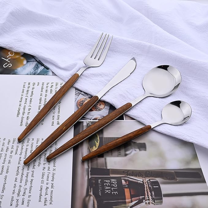 6-Piece Teaspoons Set, Stainless Steel Tea Spoons Set for 6, Silver Mirror Polished Small Spoons for Home Kitchen Restaurant, Round Wooden Effect Handle, 5.9inches, Dishwasher Safe