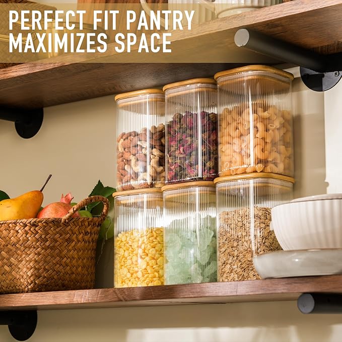 D2scrma 37oz Airtight Glass Square Storage Canisters with Bamboo Lids Set of 4 (1100ml) Striped Stackable Containers, Decorative Kitchen Jars for Tea, Nuts and Coffee (‎with Black Lable)