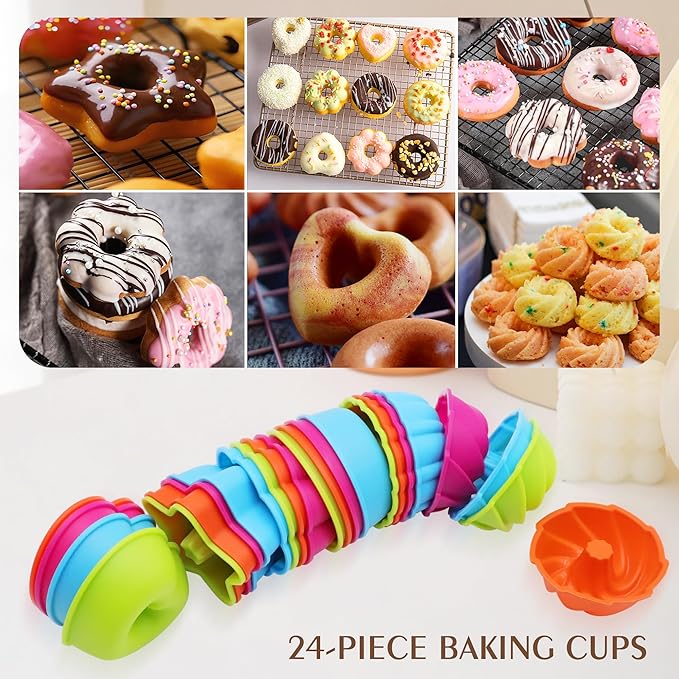 To encounter 24Pack Silicone Molds, Nonstick 2 3/4 inches Donut Mold, Silicone Baking Cups, Donut Pan, Muffin, Jello, Bagel Pan, Oven- Microwave- Dishwasher Safe