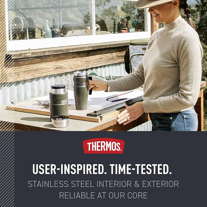 THERMOS Stainless King Vacuum-Insulated Travel Mug with Handle - 16oz, Army Green - Thermos Tumbler for Hot & Cold Drinks - Leak-Proof & Sweat-Proof Stainless Steel Coffee Mug with Lid for Commuting