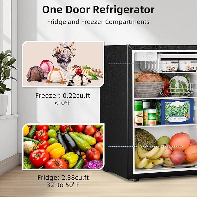 Antarctic Star 2.6 Cu.Ft.Compact Refrigerator with Freezer, Mini Fridge Single Door with Adjustable Thermostat,Removable Glass Shelves for Apartment,Dorm,Office,Kitchen，BLACK