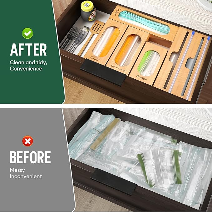 Individual Storage Bag Organizer for Kitchen Drawer, Bamboo with Foil and Plastic Wrap Organizer for Kitchen Organizers and Storage, for Gallon, Quart, Sandwich, Snack