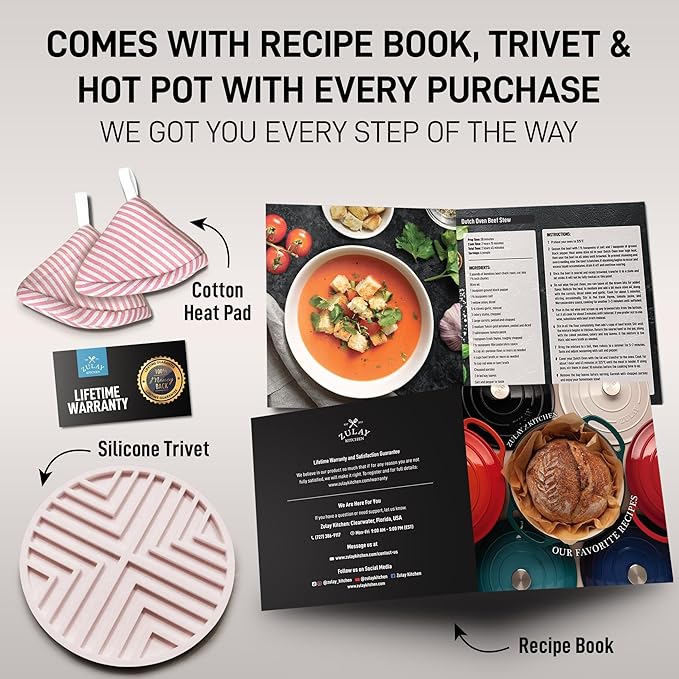 Zulay Kitchen 6 Quart Enameled Cast Iron Dutch Oven Pot with Lid – Premium Durability & Oven Safe up to 500°F – Heavy Duty Cookware Perfect for Bread Baking, Stews, Braising & Roasting - Pink